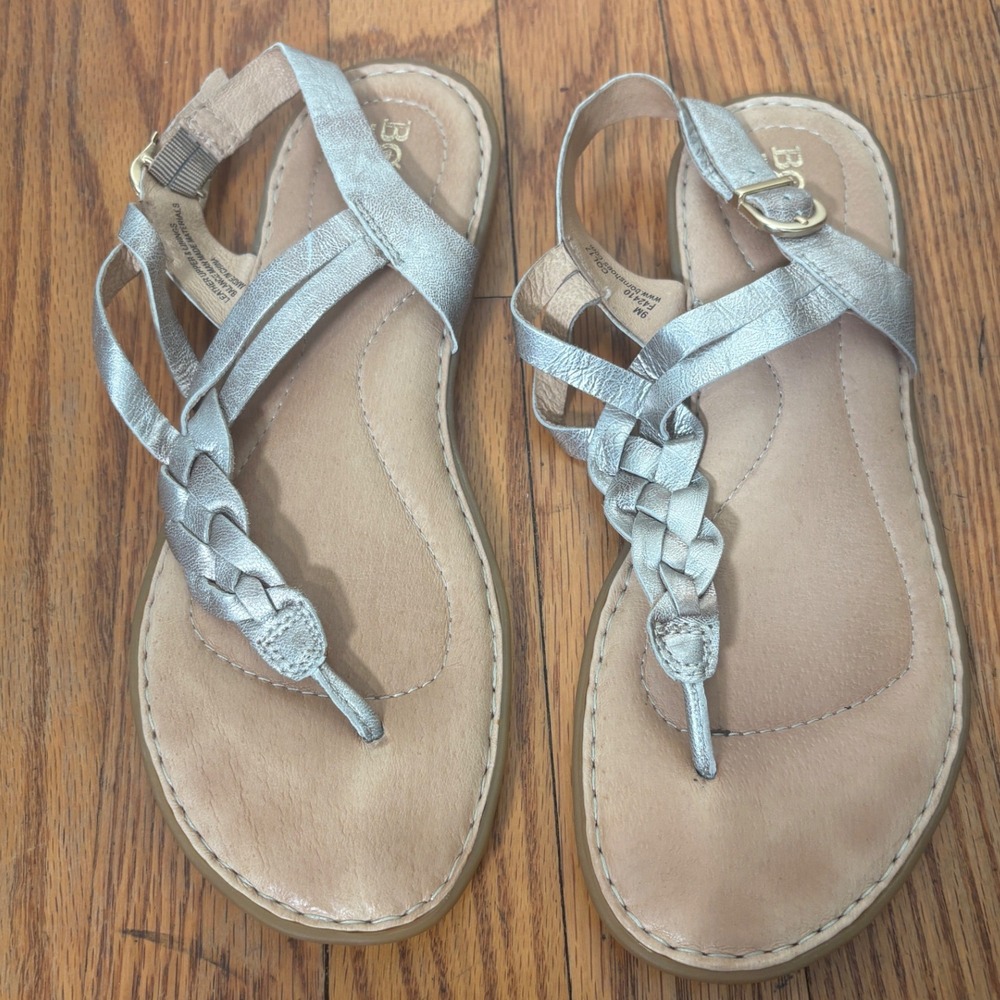 Born Mai Silver Metallic Leather Braided Thong Slingback Sandals F42410 Mens 9M